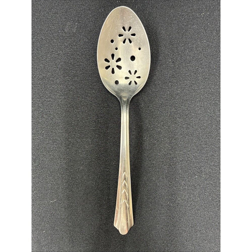 Vtg Ekco Chevron Floral Pierced Slotted Serving Spoon Stainless EKS7 MCM 50s 60s